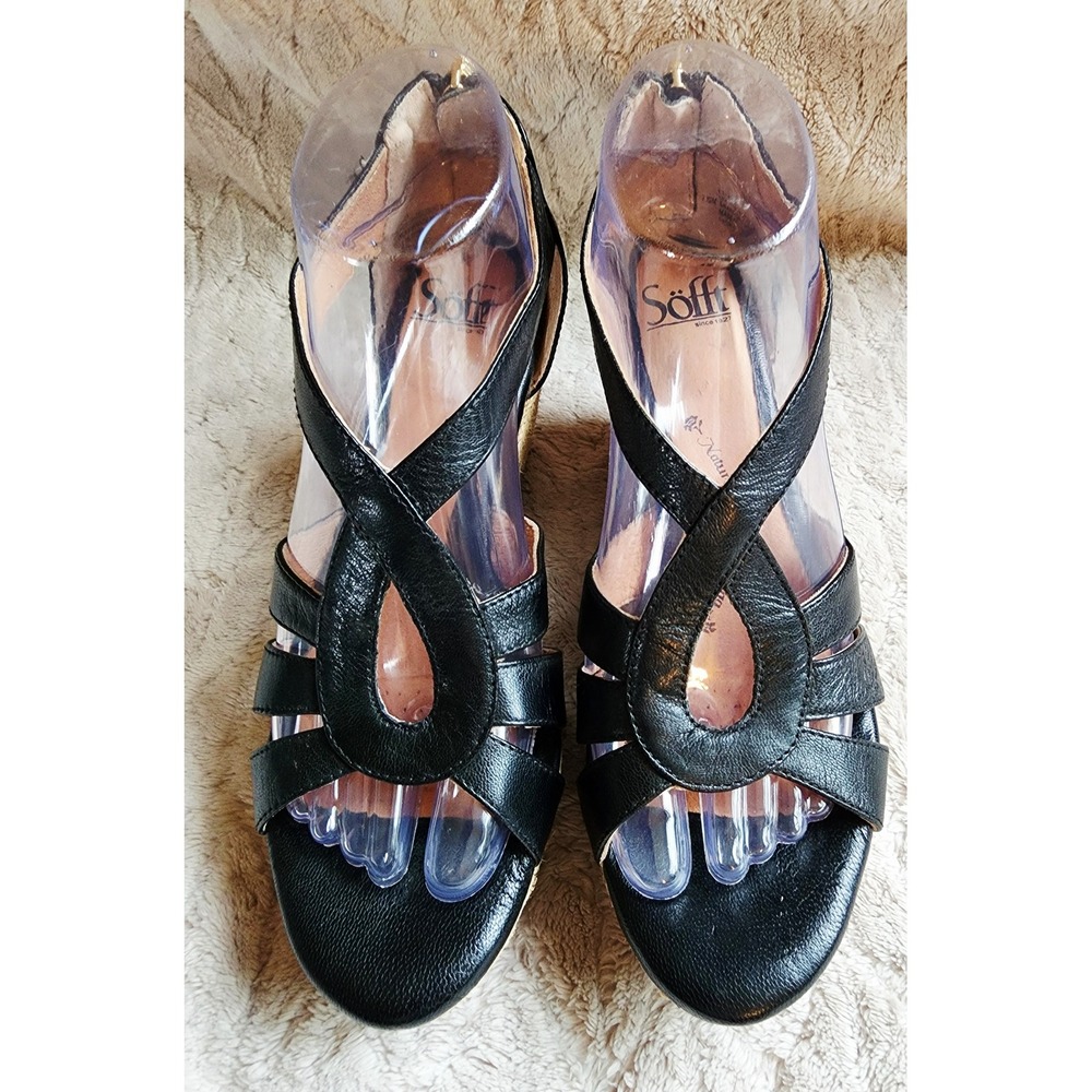 Sofft Black Leather Espadrille Wedge Sandals Strappy Platform 7.5M